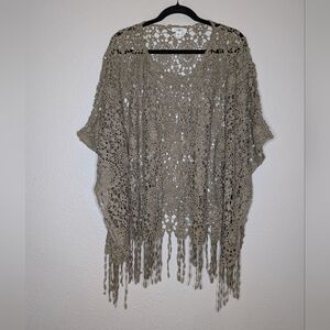 Cato Womens Beige Floral Crochet Boho Witchy  Swampcore Fringe Shawl Poncho XL